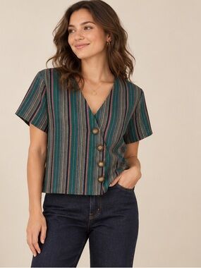 Green Stripe Tapestry Button Front Top Blouse After Market NWOT S/M #1498